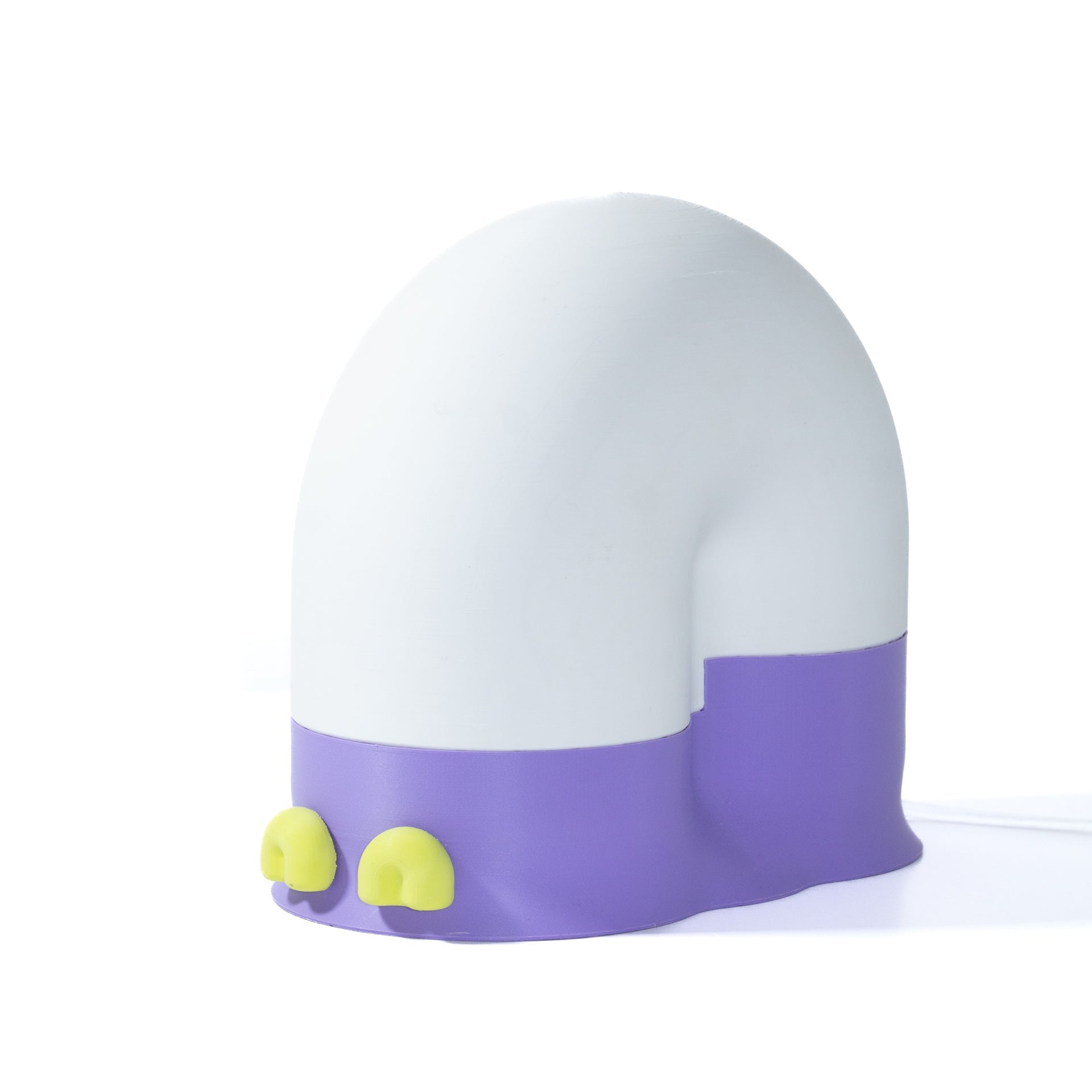 White and purple toy with yellow accents on a white background