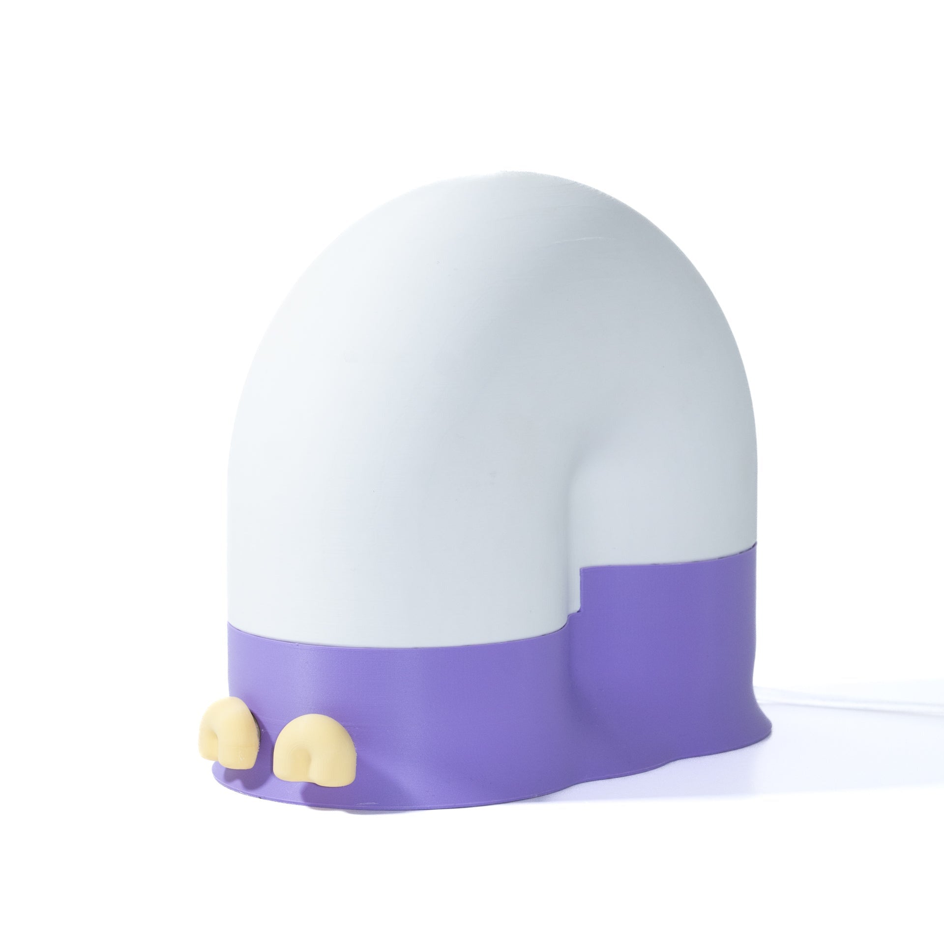White and purple lamp with two small round beige lights on a white background