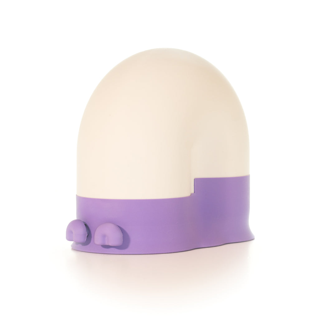 White snail-shaped lamp with a lavender base and lavender eyes on a light gray background