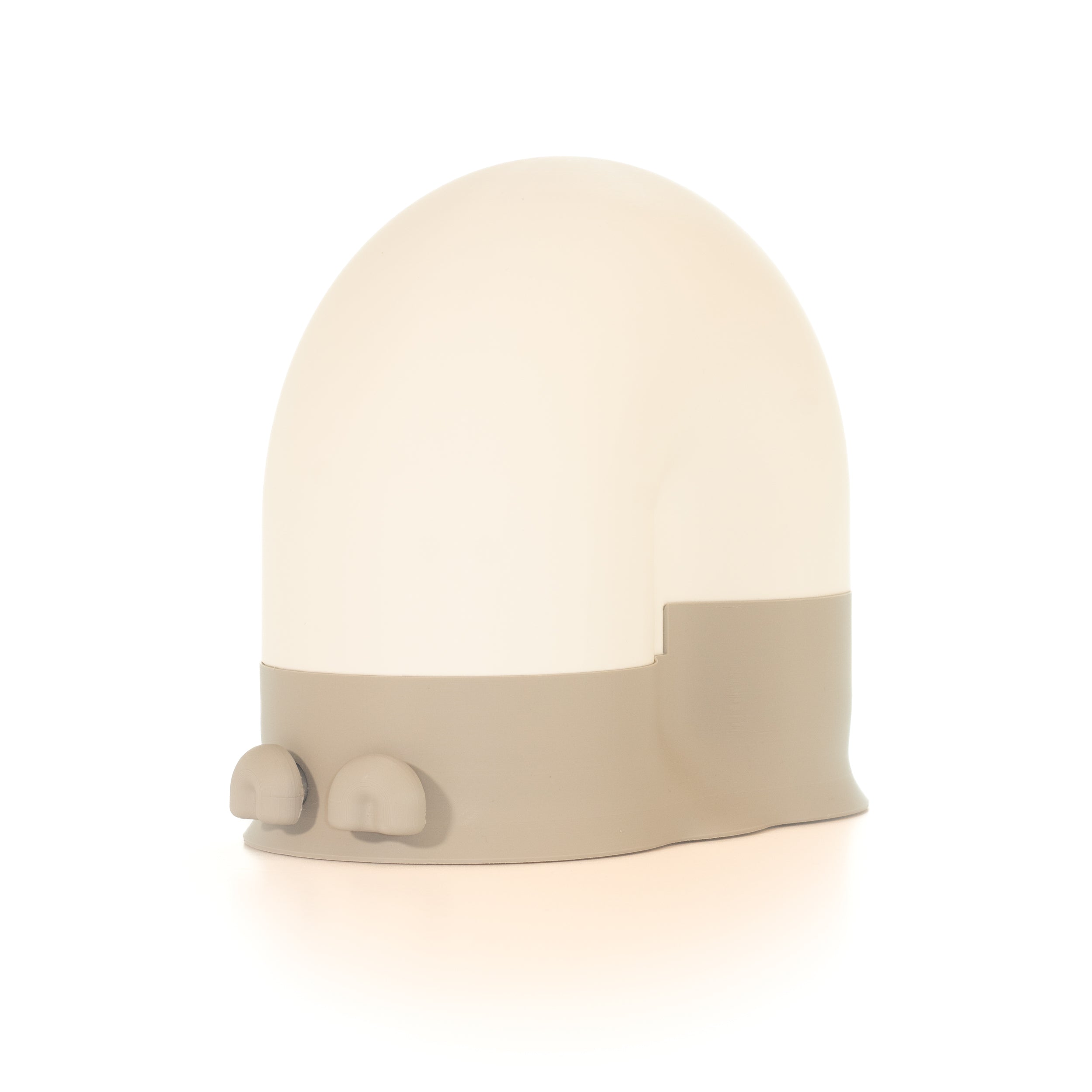 White snail-shaped lamp with a gray base and gray eyes on a light gray background